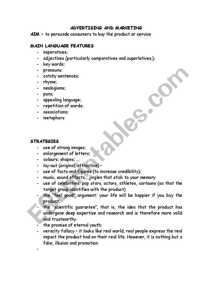 advertising and marketing worksheet