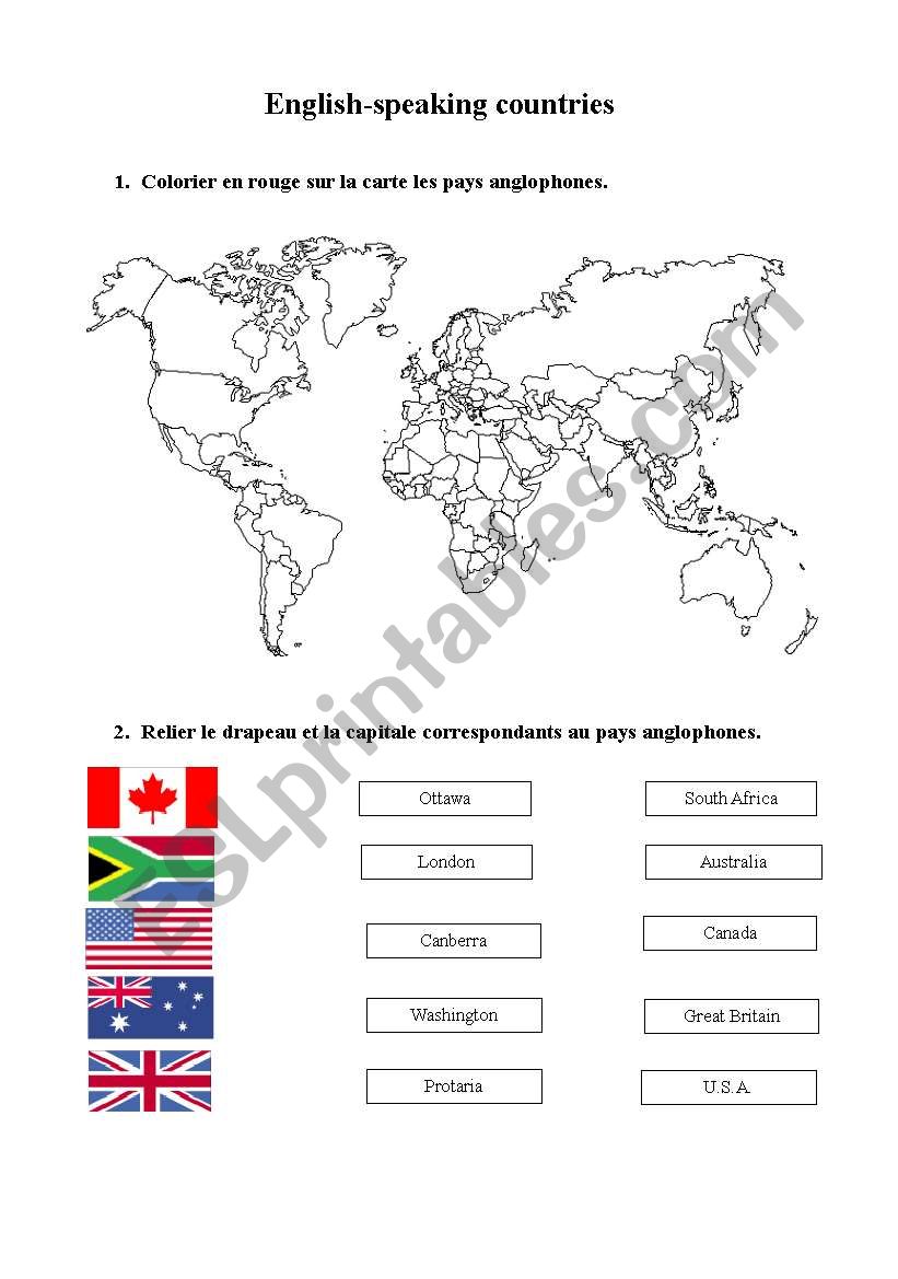 Englis-speaking countries worksheet