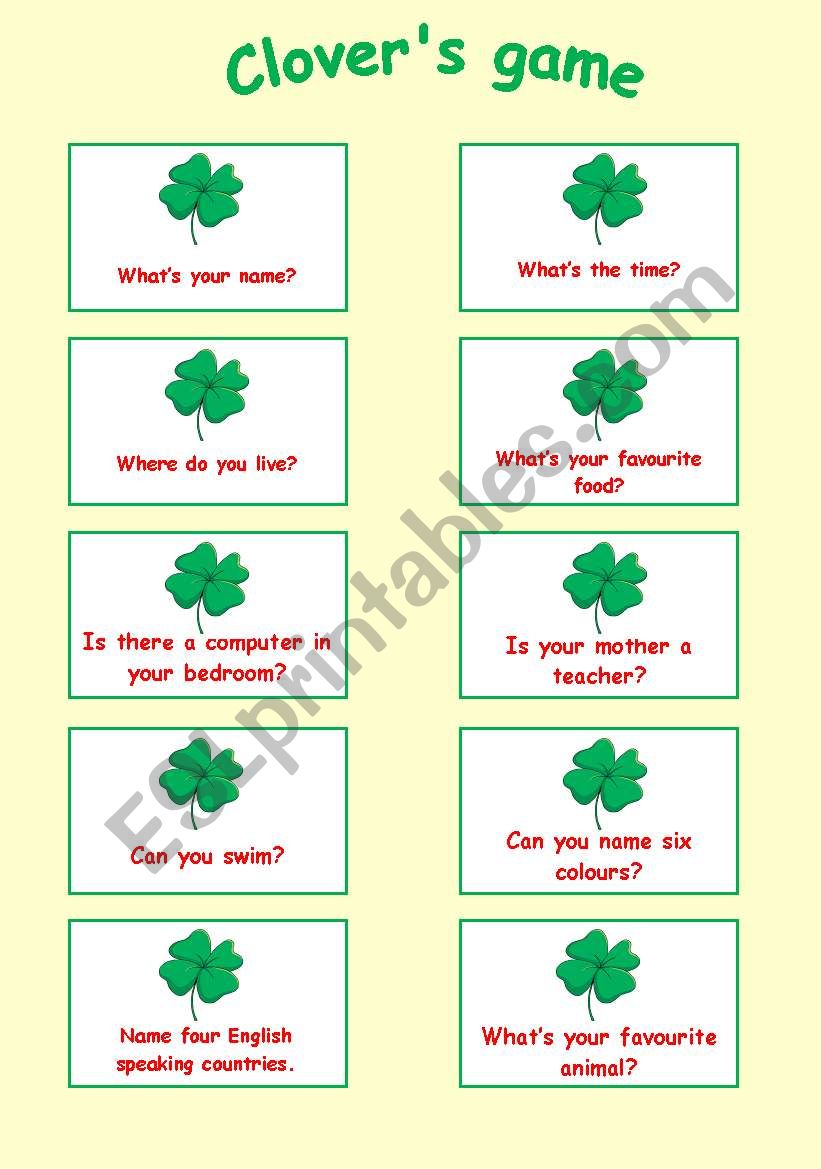 Clovers game worksheet