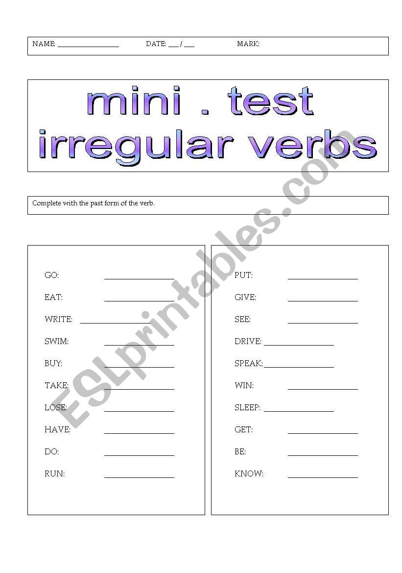 Mini-test IRREGULAR VERB worksheet