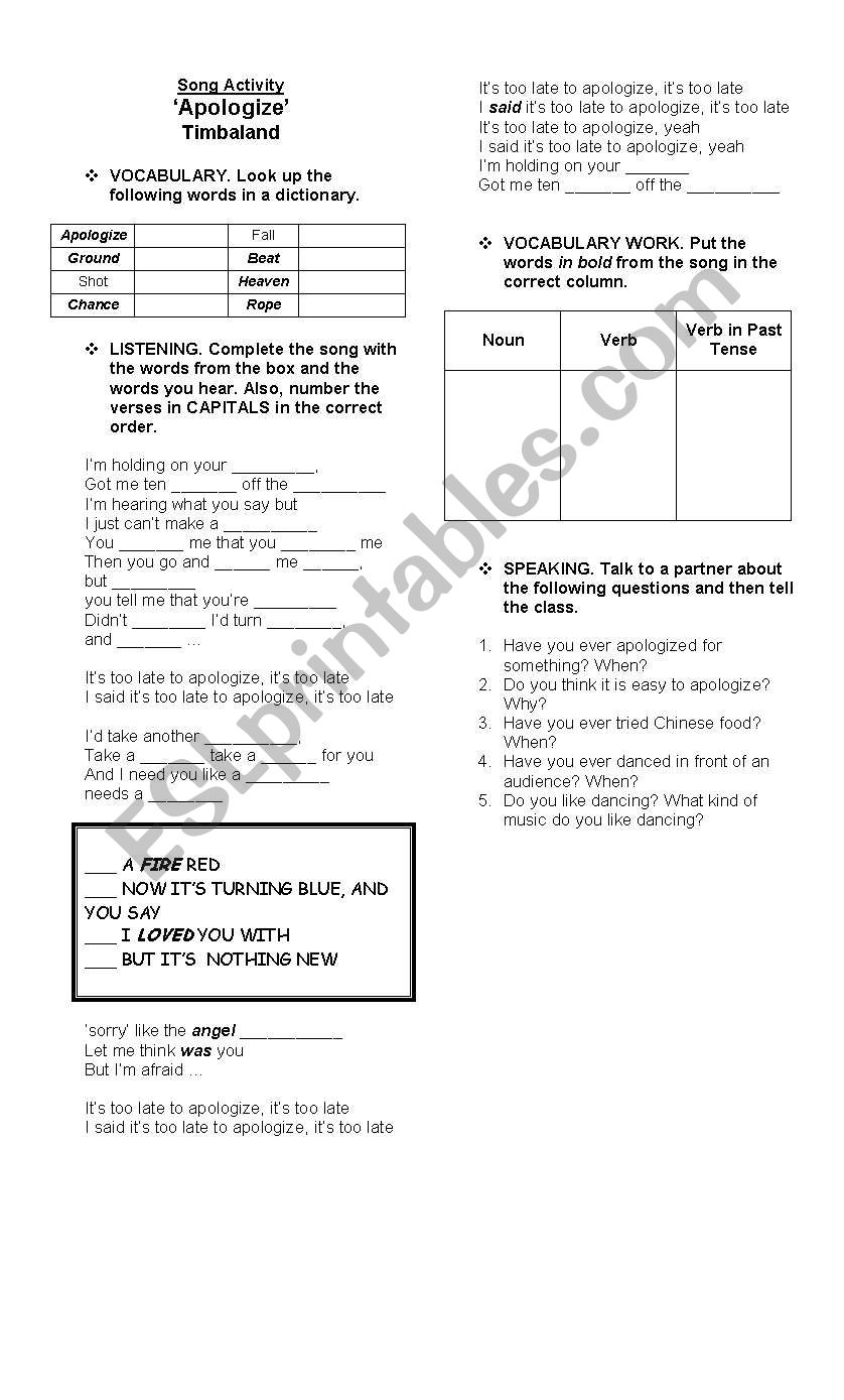 Apologize Song activity worksheet