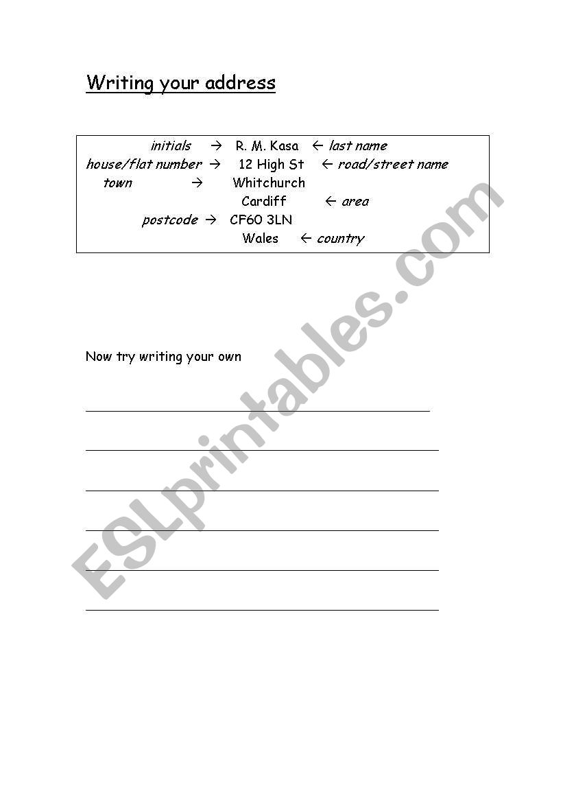 Writing your address worksheet