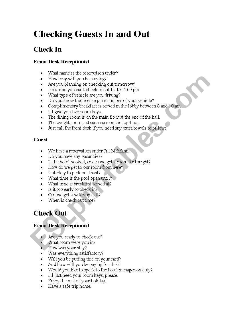 Checking Guests in and out worksheet