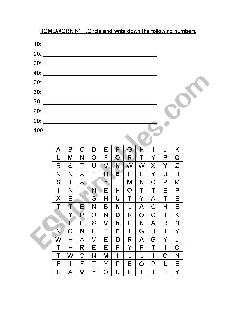 WORD SEARCH: NUMBERS worksheet