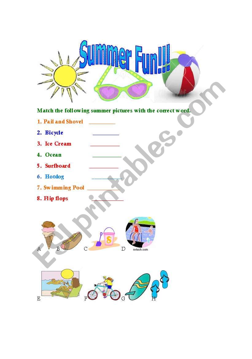 Summer Words Matching worksheet