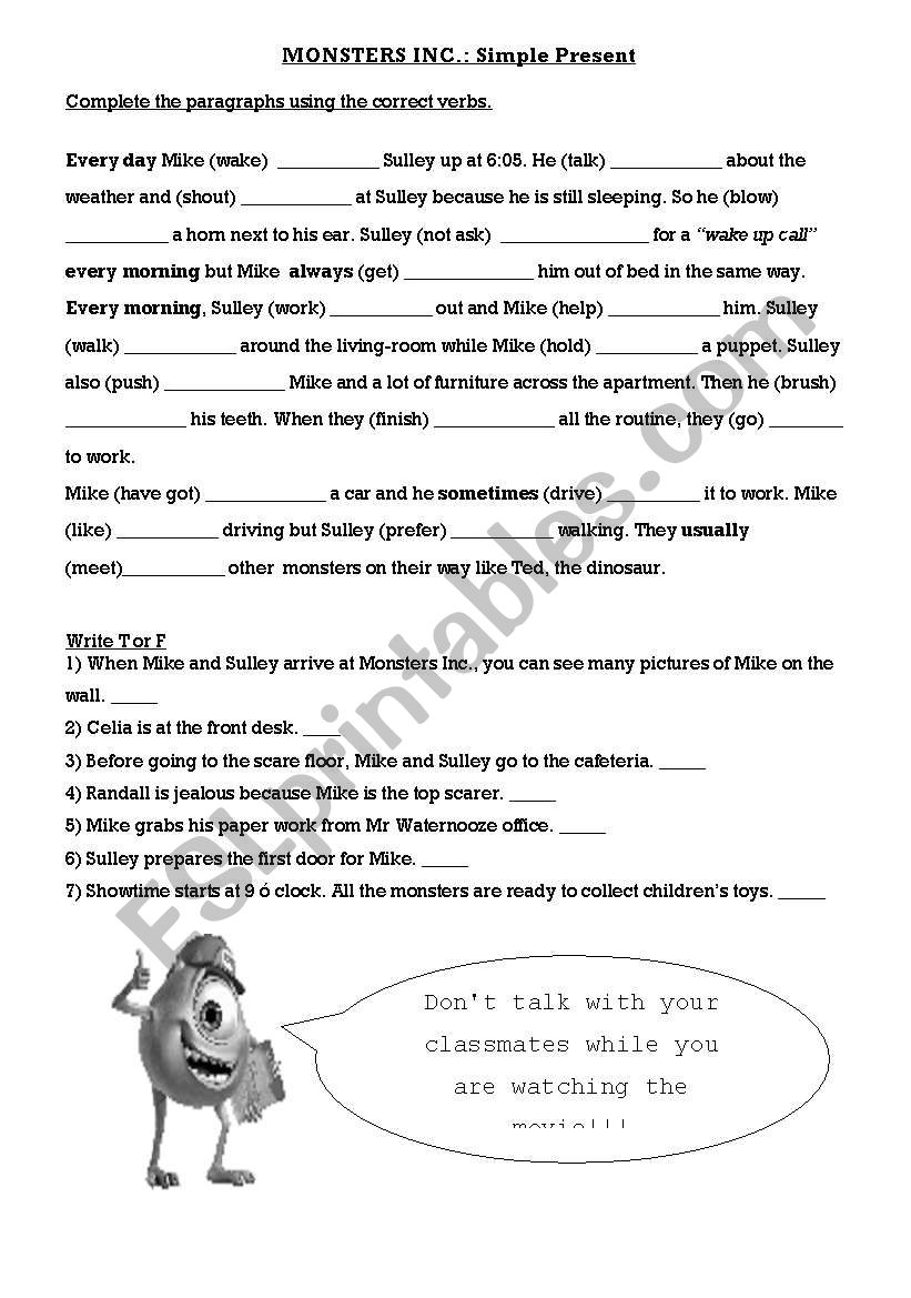 MOVIE: MONSTERS INC. worksheet