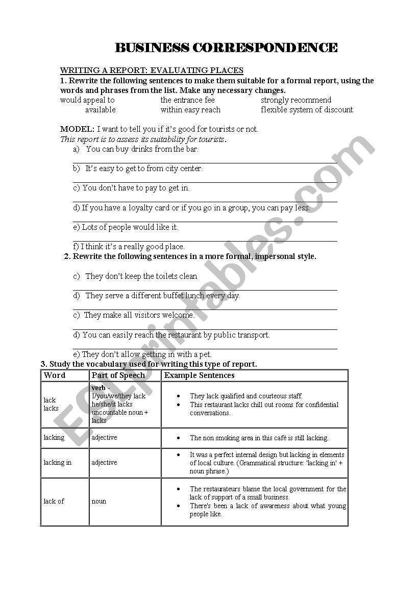 Writing a Report  worksheet