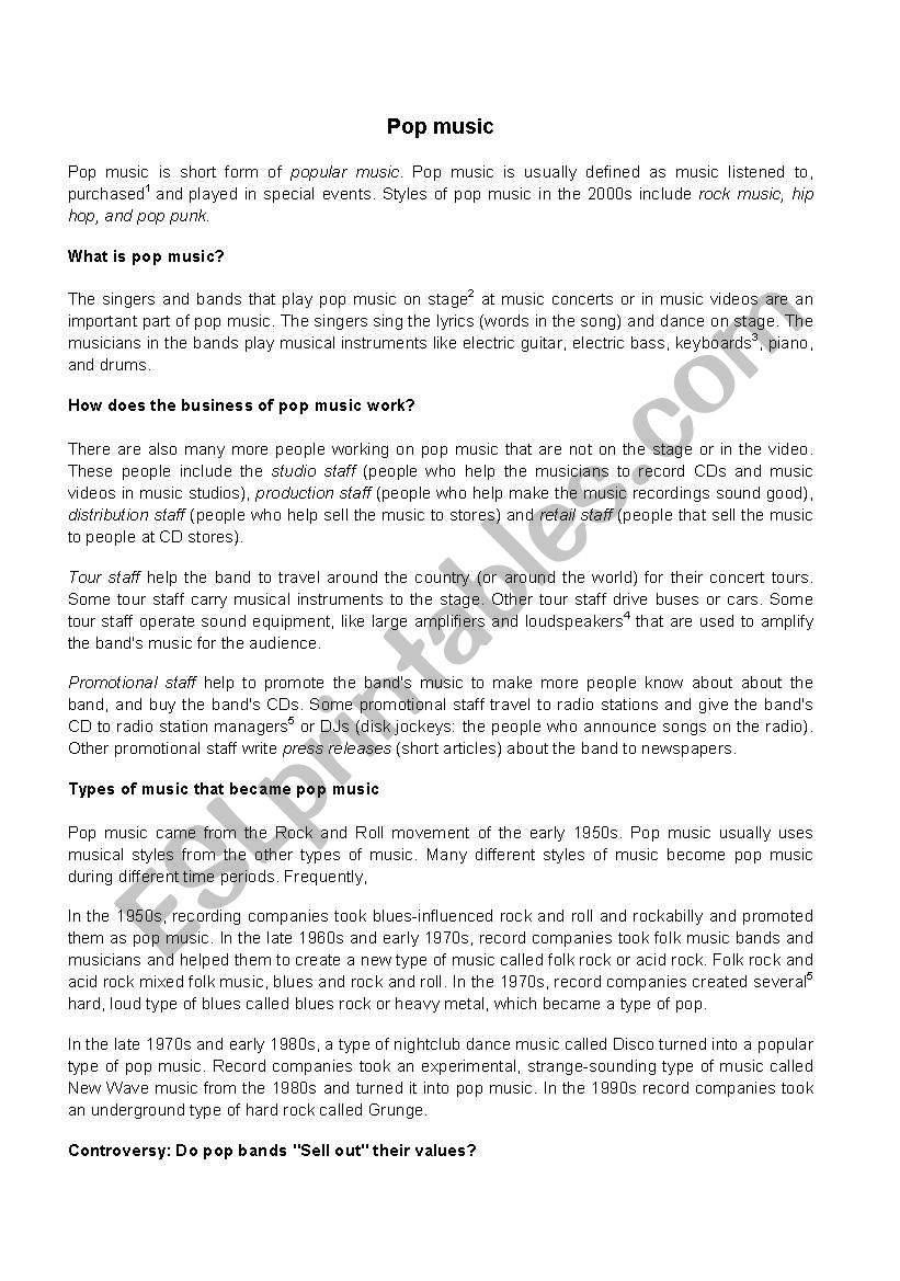 Text activity - Pop Music worksheet