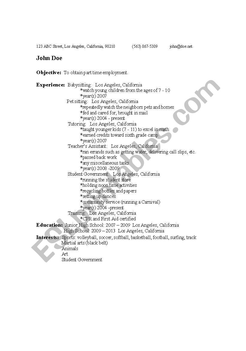 Sample Resume worksheet