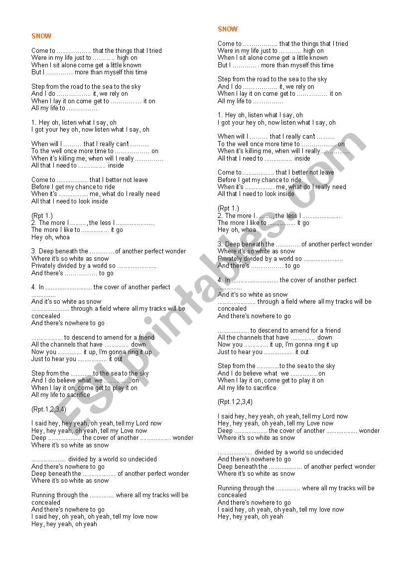 Snow (Lyrics) worksheet worksheet