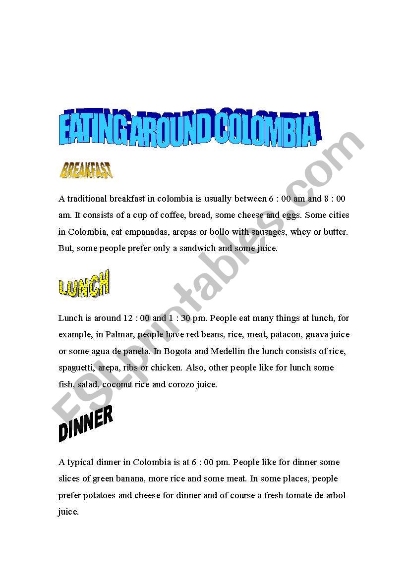 eating around colombia worksheet