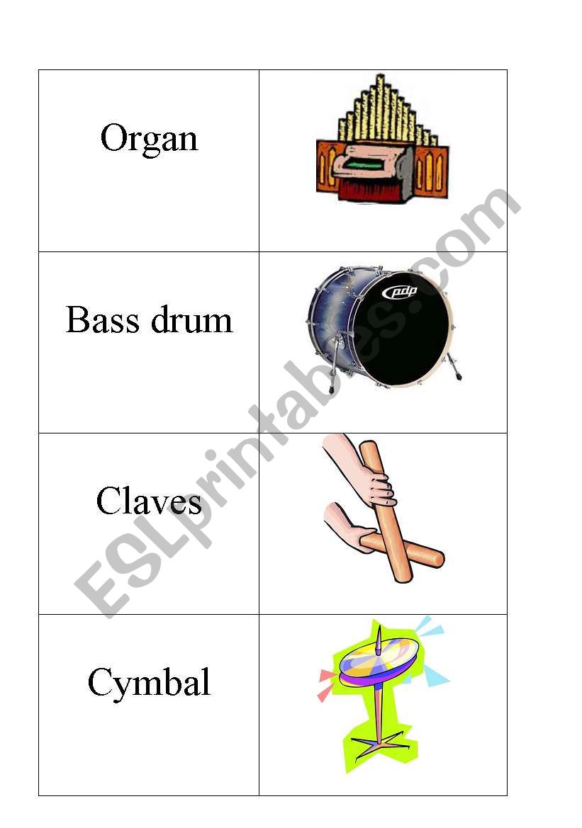 intruments flashcards 1 to play snap, memory