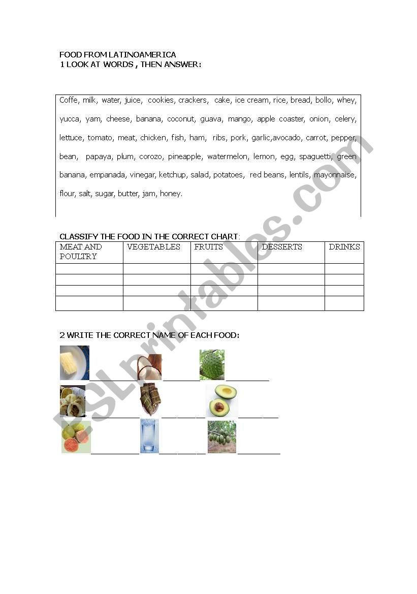 food from latinoamerica worksheet