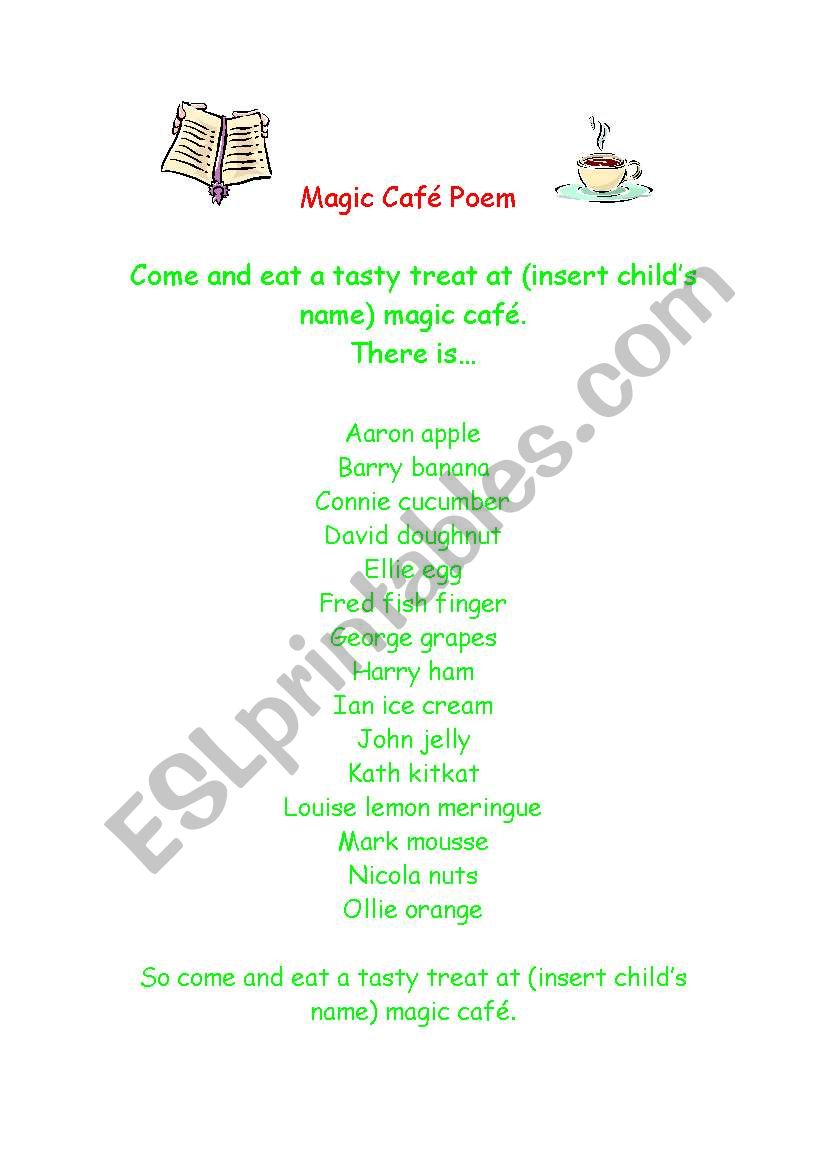 Magic cafe poem worksheet