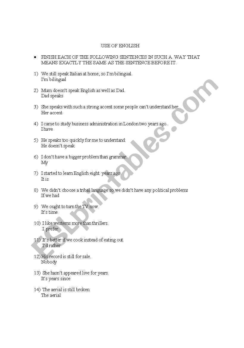 Use of English worksheet