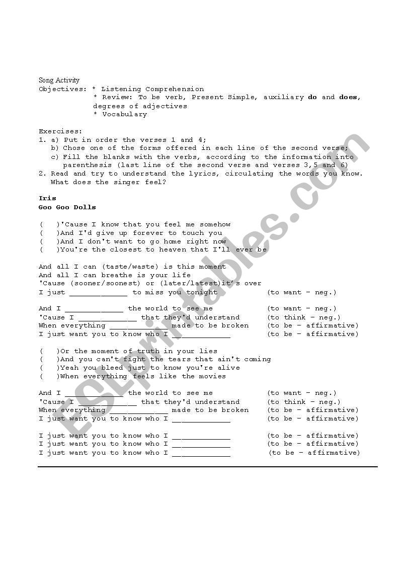 Song Iris Goo Goo Dolls worksheet