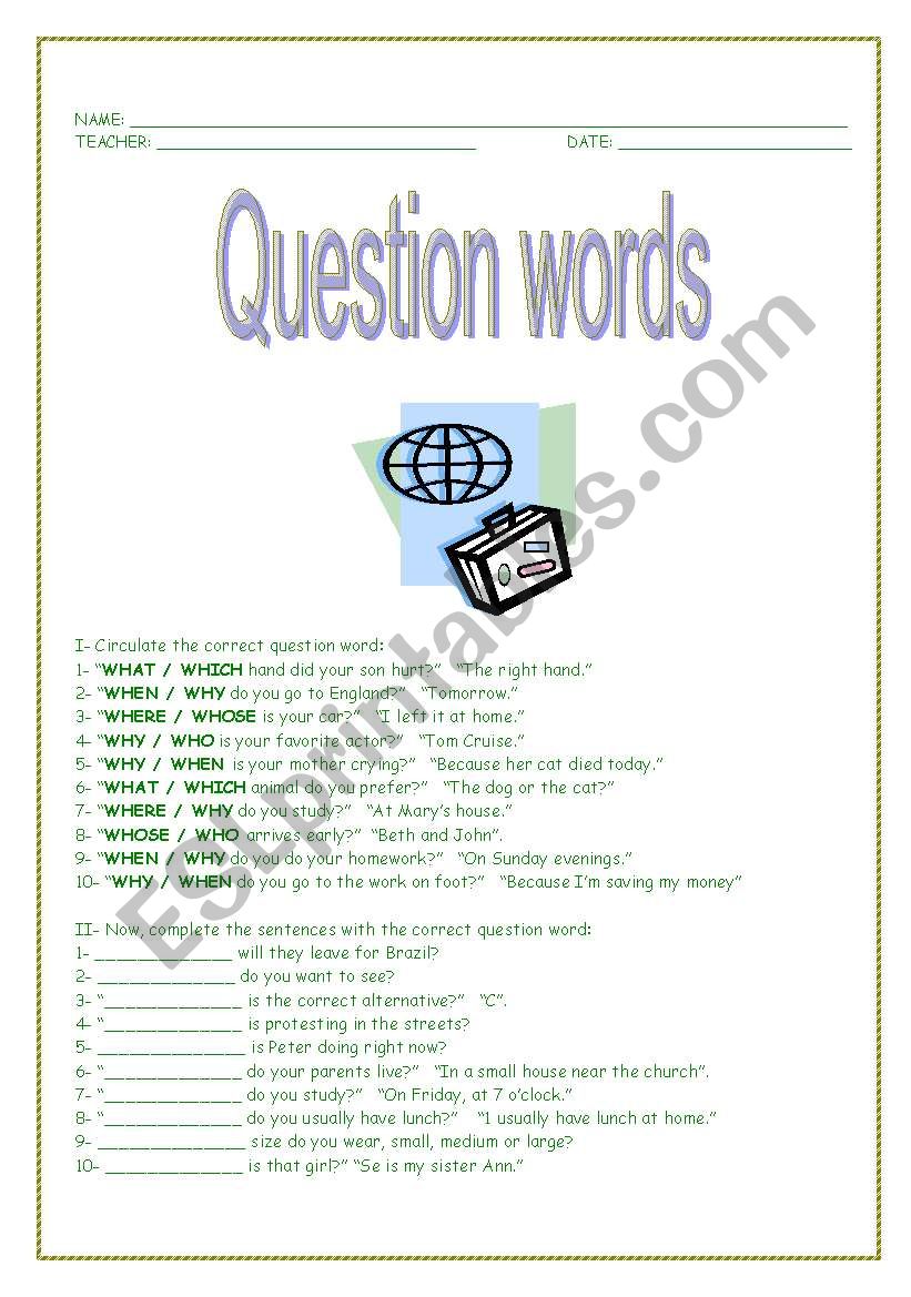 Question words worksheet