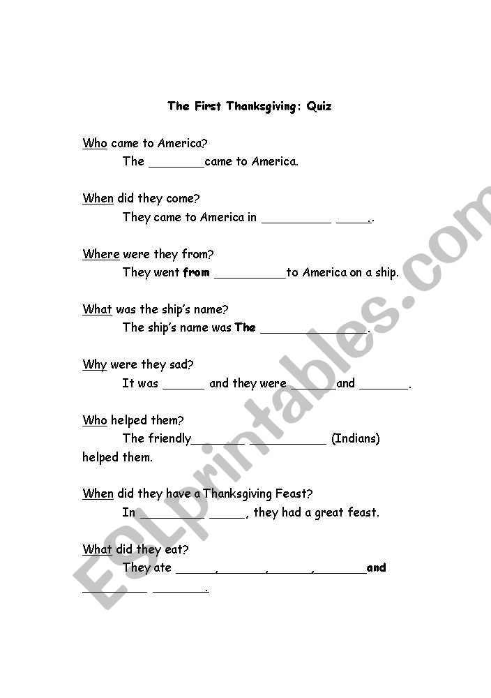 The First Thanksgiving Quiz worksheet