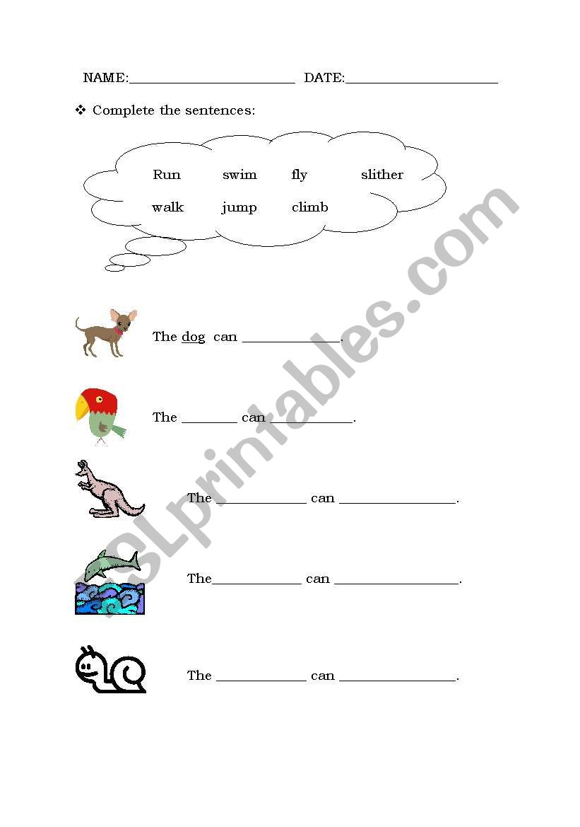 animal actions worksheet