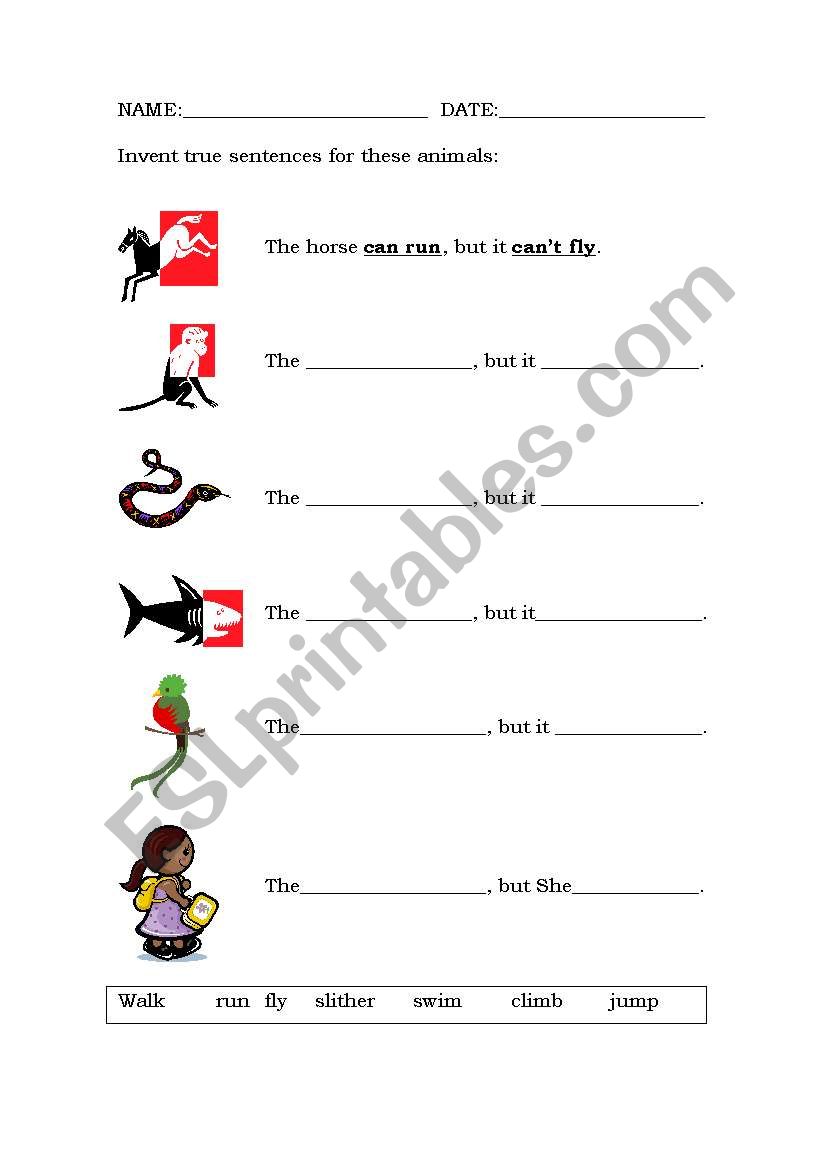 animal actions worksheet