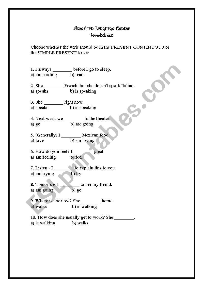 Present continuous  worksheet