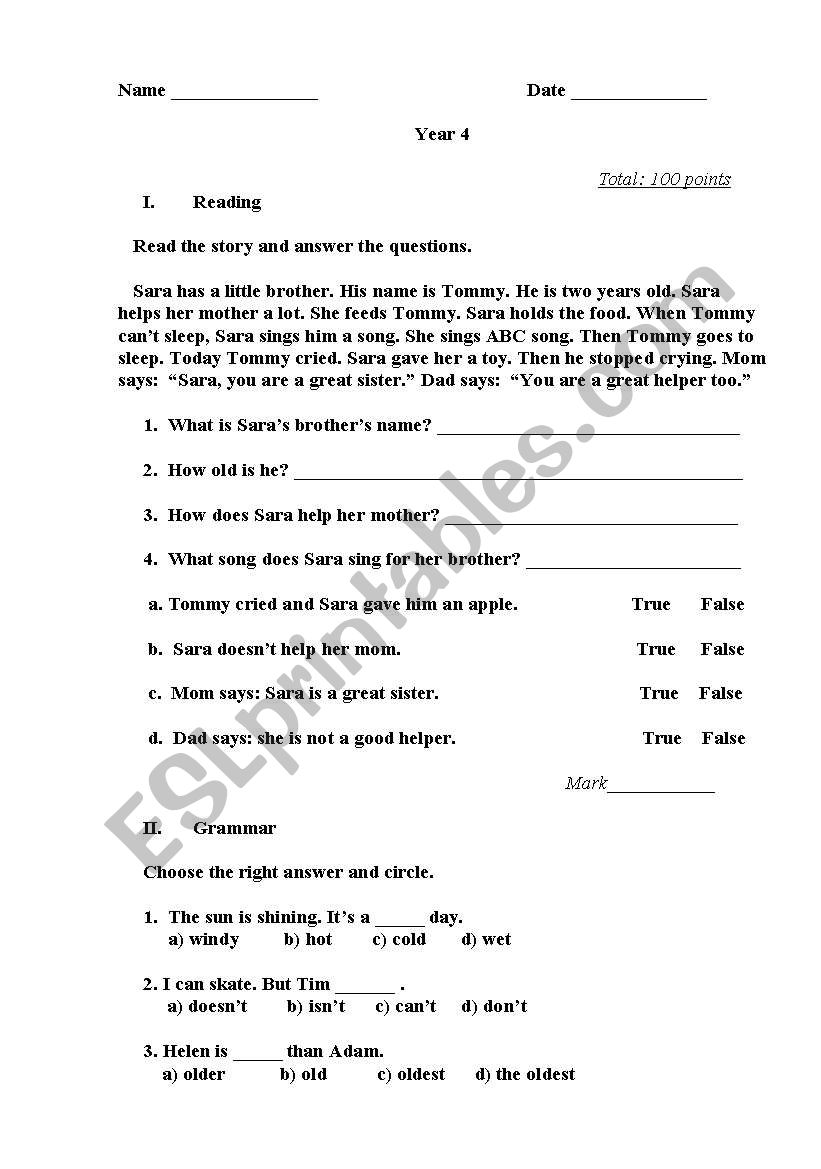 Reading,Grammar,Spelling worksheet