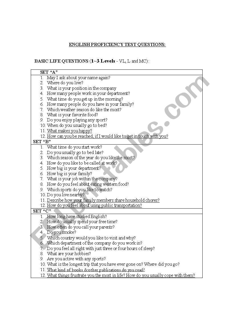 English speaking proficiency questionaire