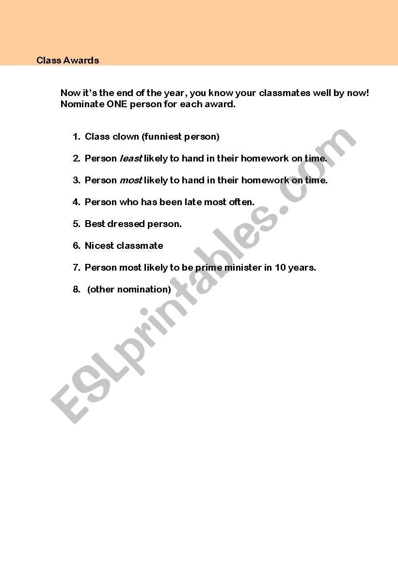 Class Awards worksheet