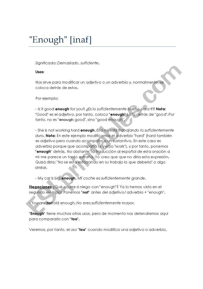 use of enough worksheet