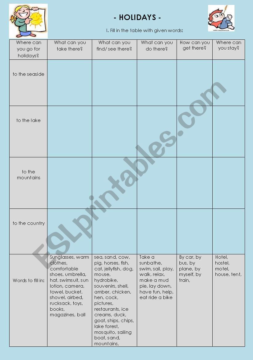 holidays worksheet