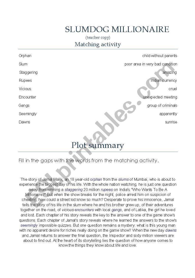 Slumdog Millionaire worksheet