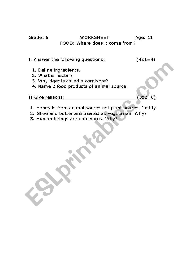 FOOD:Where does it come from? worksheet