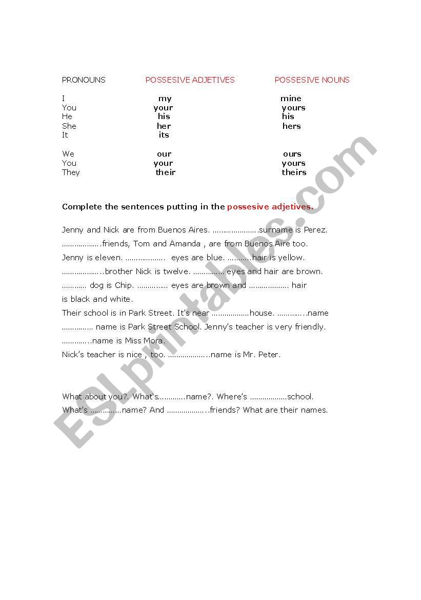 possesive adjetives worksheet