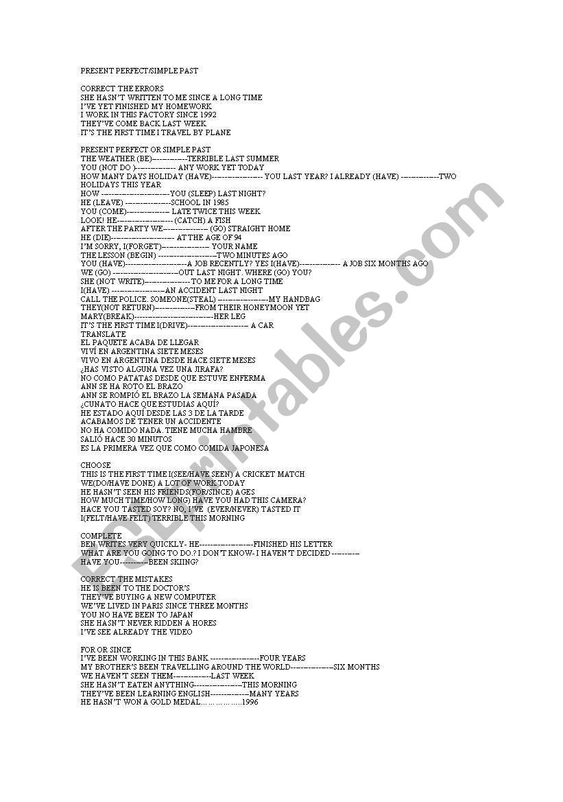 present perfect/past simple worksheet