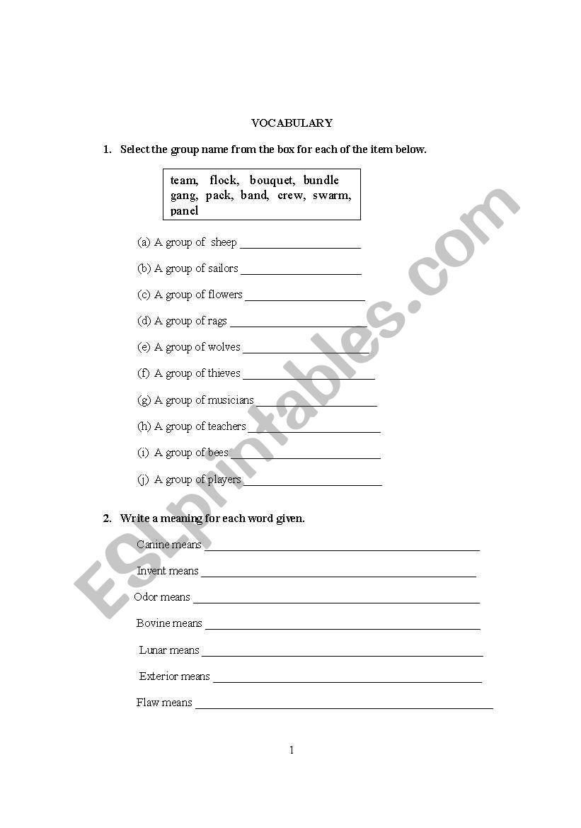 Vocabulary bacs worksheet