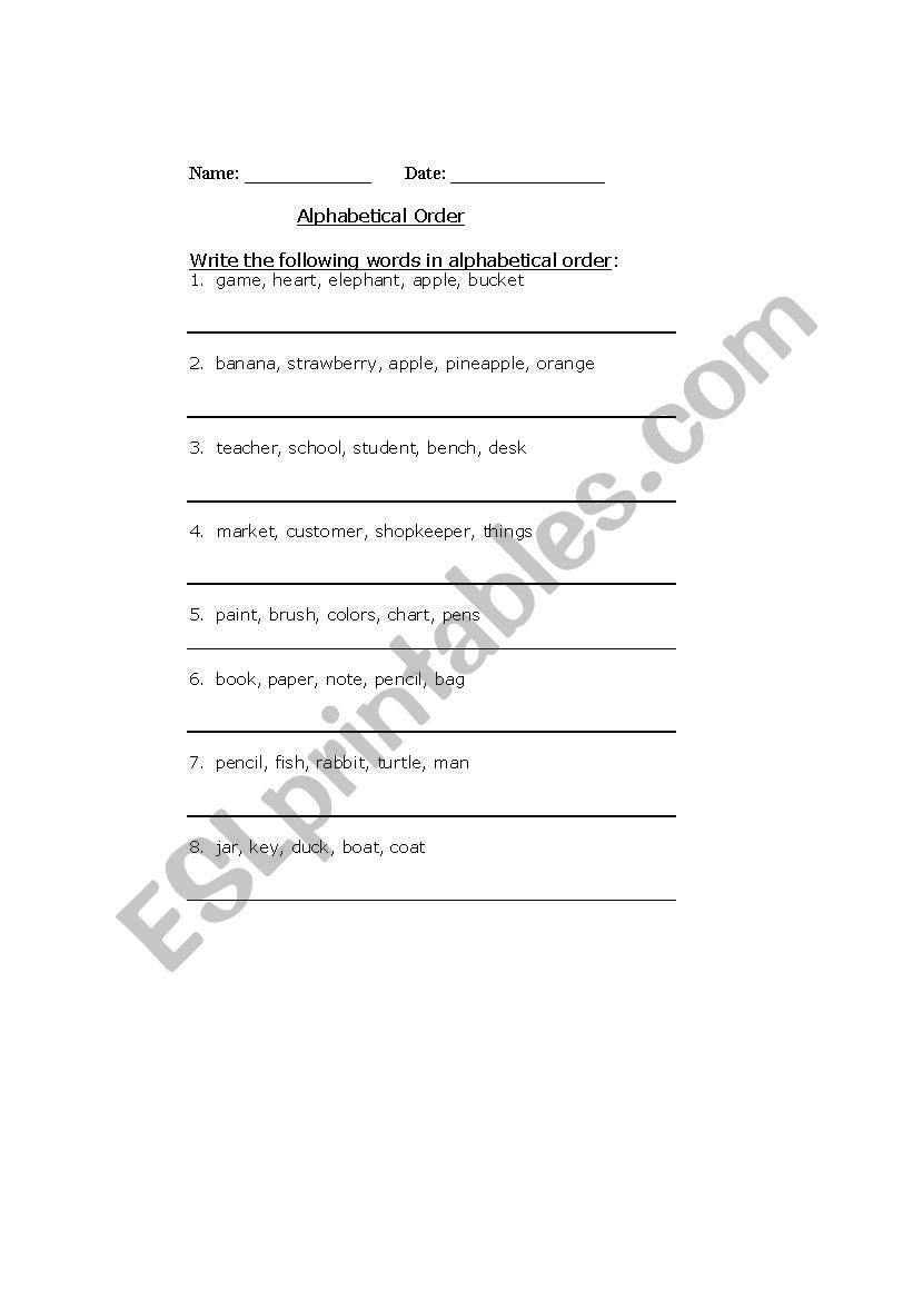 Alphabetical Order worksheet