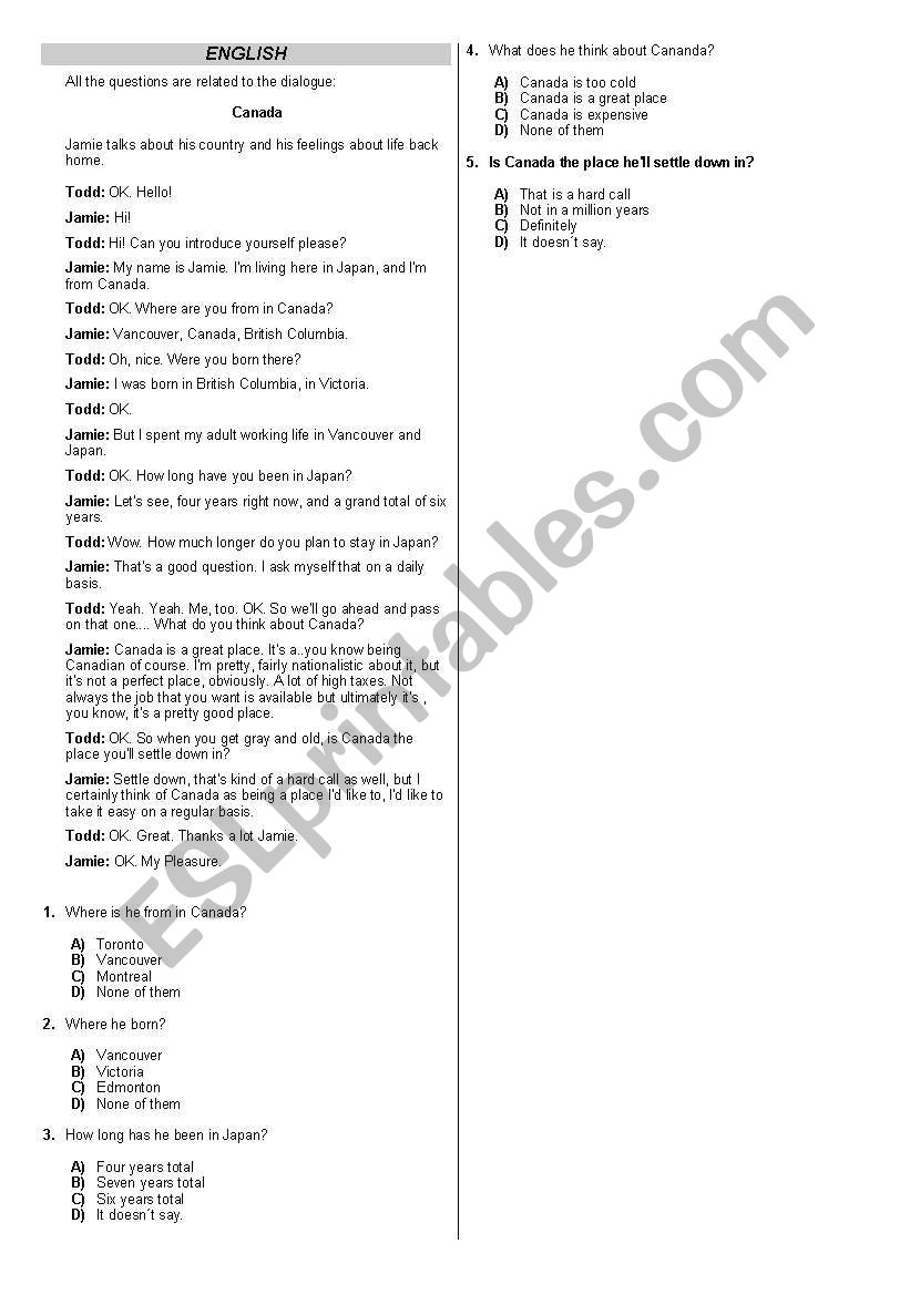 Canada: reading comprehension worksheet