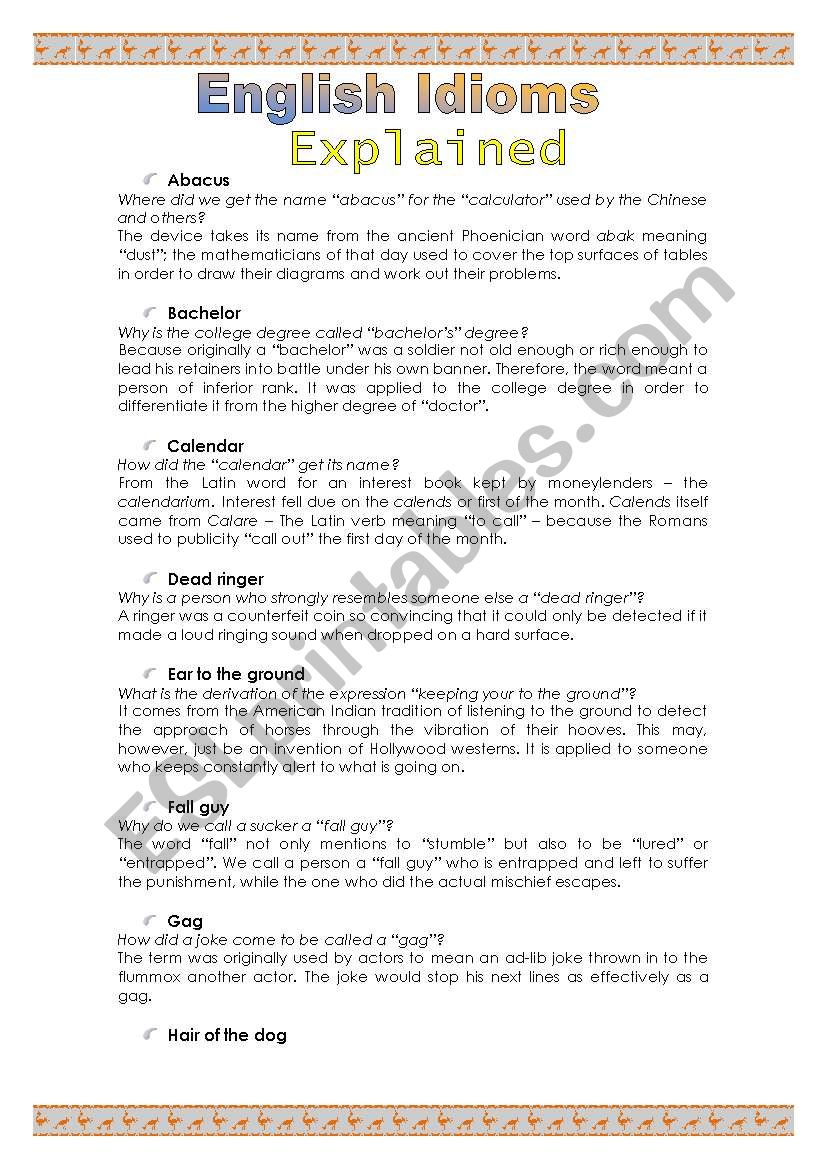 Idioms explained worksheet