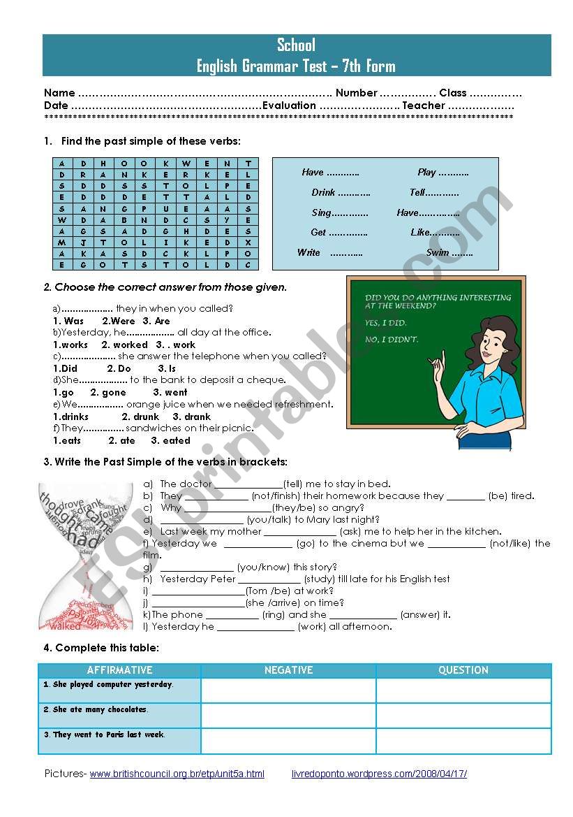 grammar test - simple past worksheet