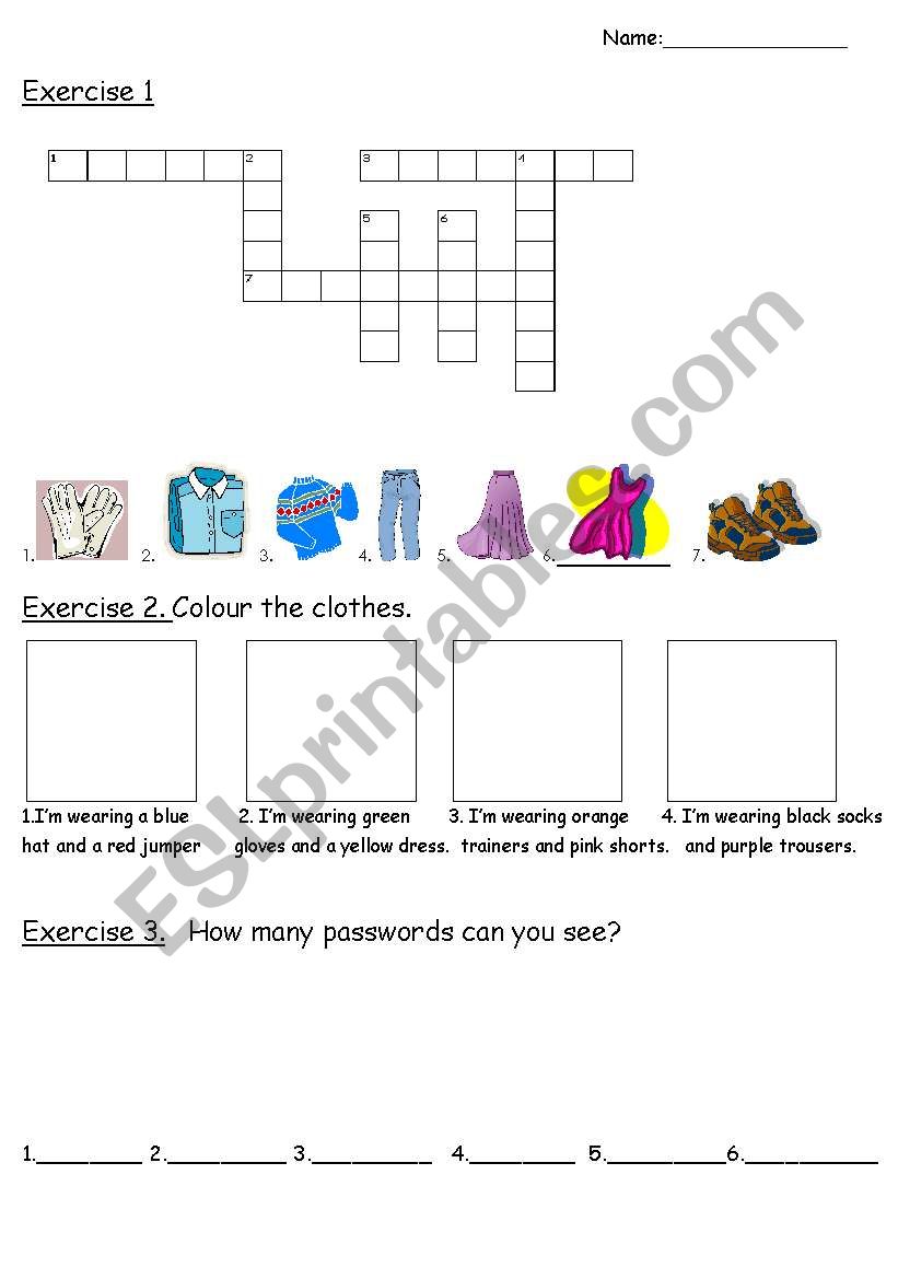 clothes crossword worksheet