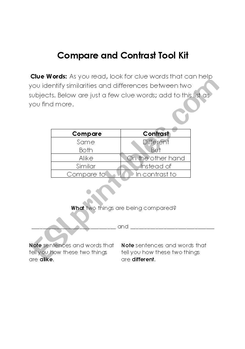 Compare and Contrast Tool Kit worksheet