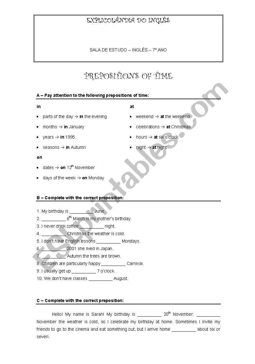 preposition of time worksheet