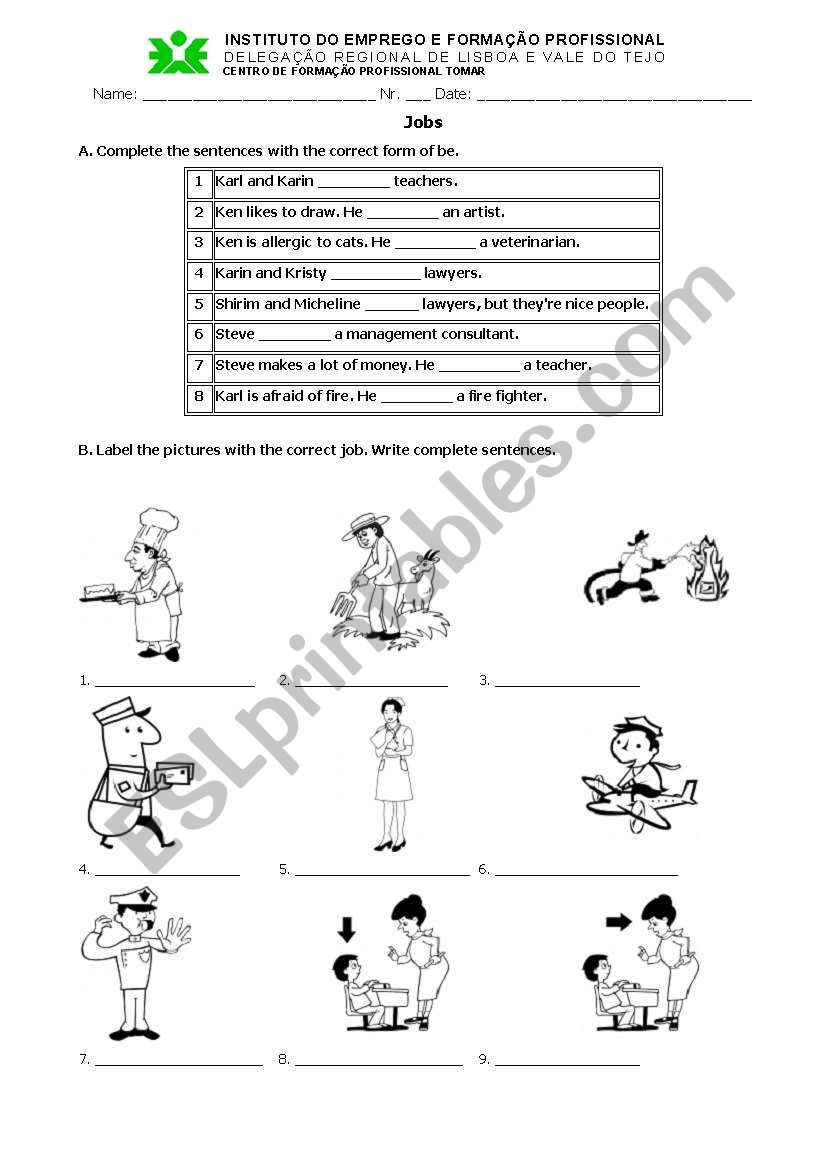 Jobs and verb to be worksheet