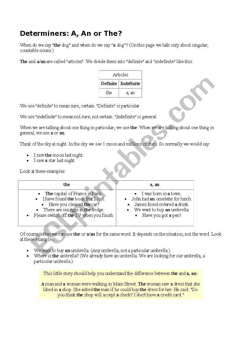 Article Determiners worksheet