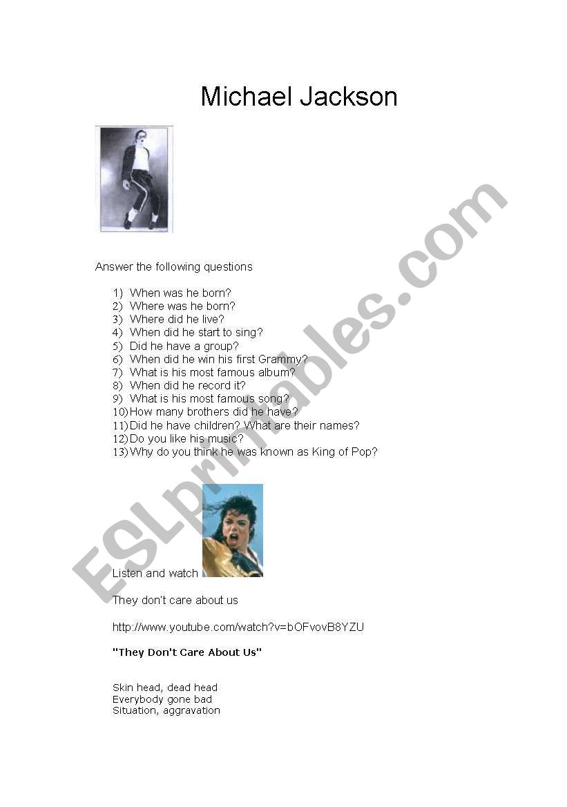 Michael Jackson worksheet