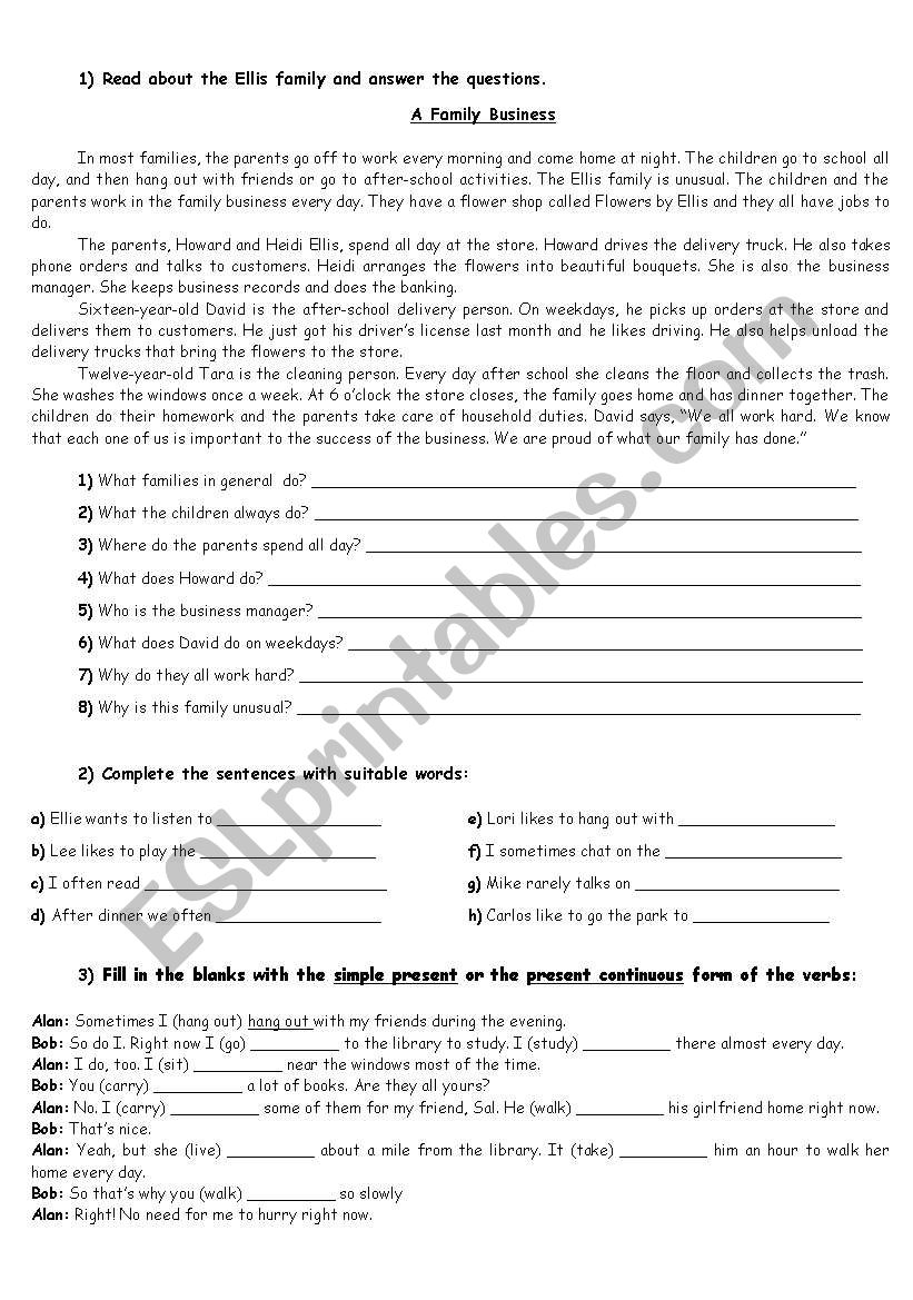 Reading - Family Business  worksheet