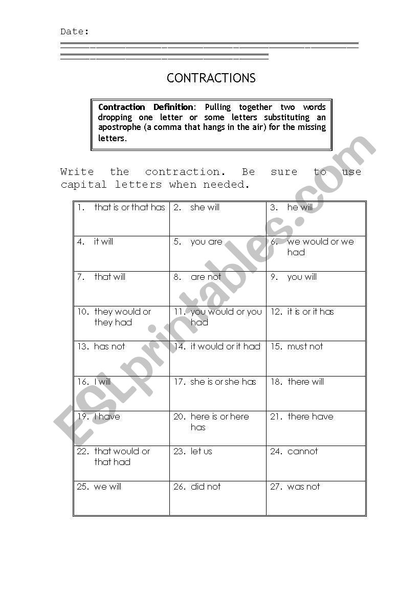 Contractions worksheet