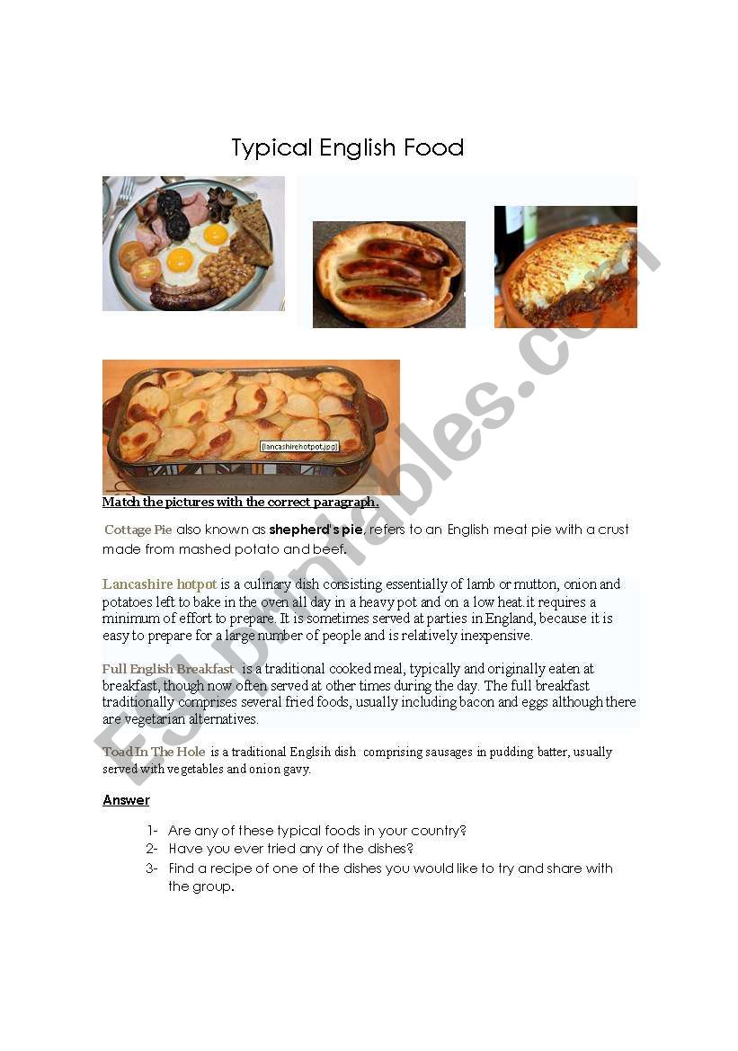 Typical English Food worksheet
