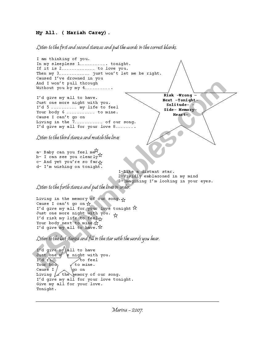 Song: My all ( Mariah Carey) worksheet