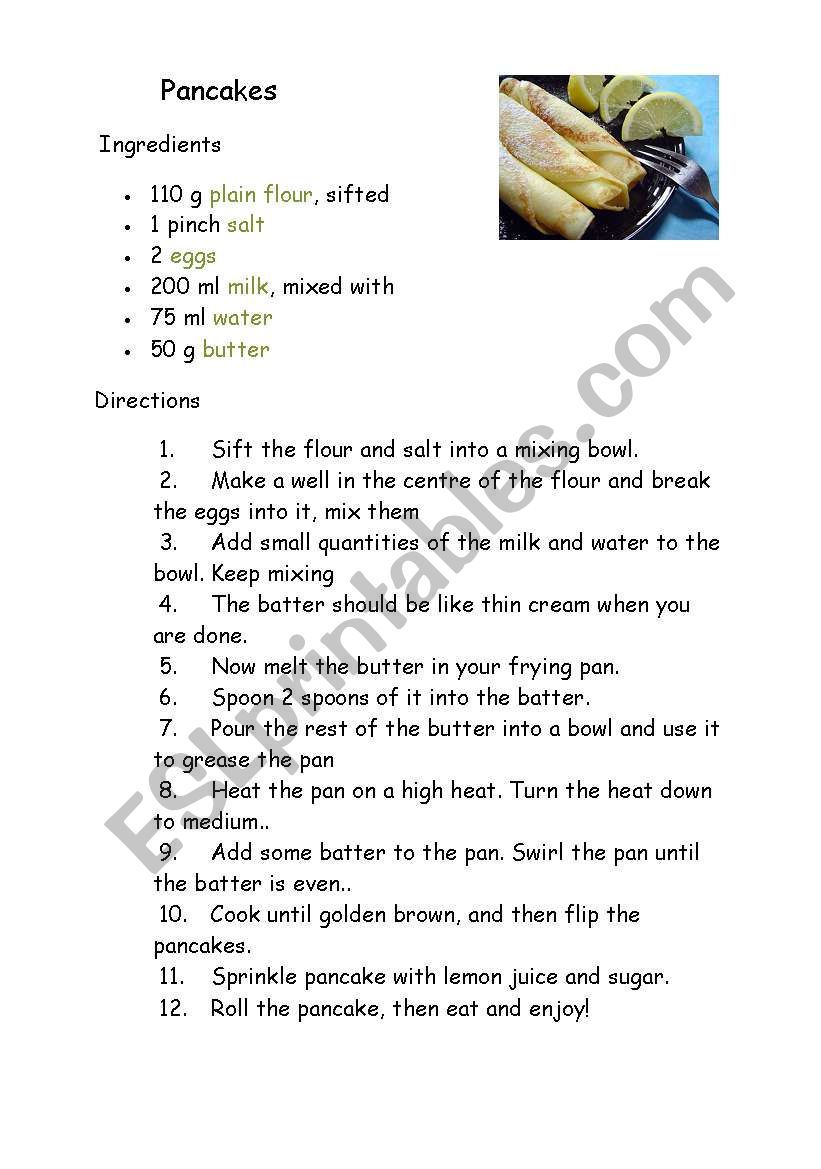 Pancake recipe worksheet